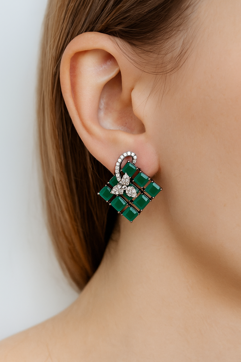 Emerald Green Square Cluster Earrings with Diamond Floral Accent