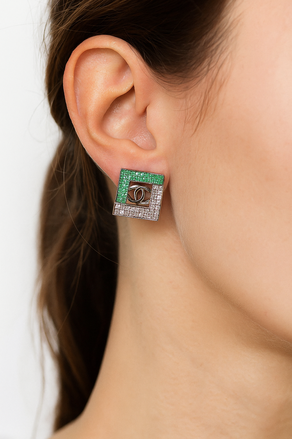 Square Designer Earrings with Green & Pink Stones