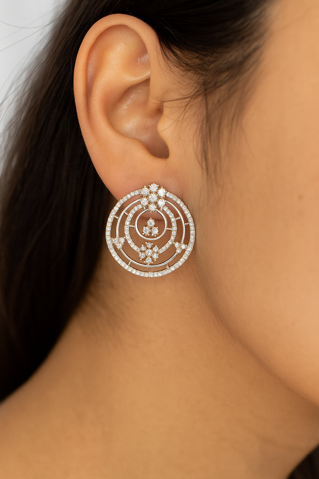 Round Designer Earrings with Diamond Floral Detailing
