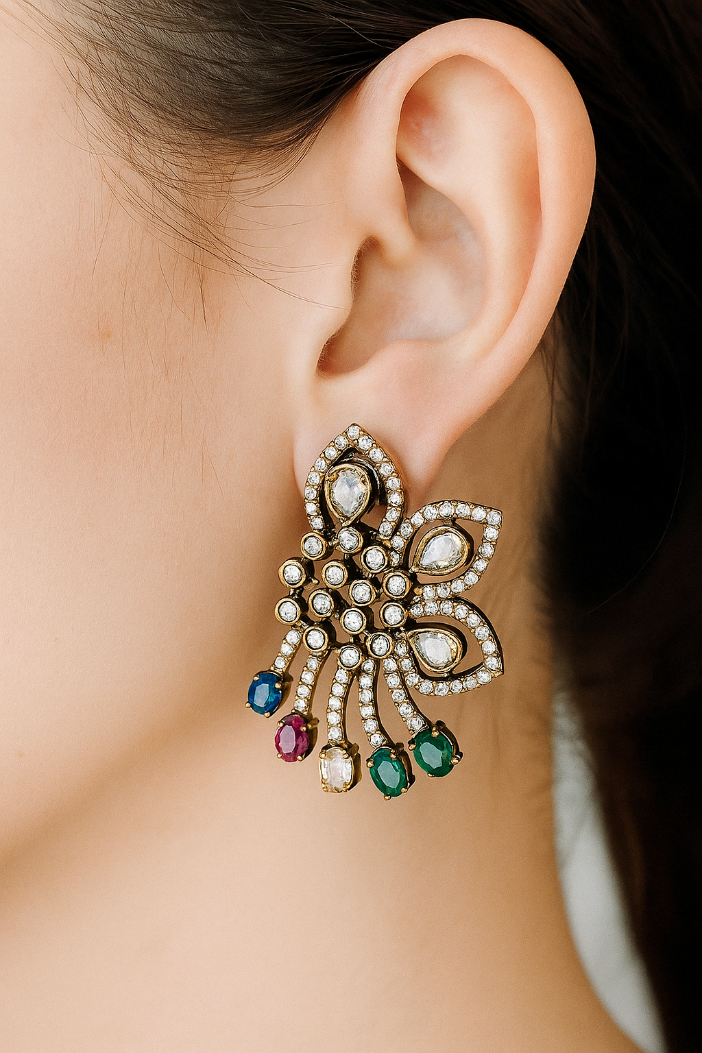 Multicolor Stone Designer Earrings with Diamond Finish