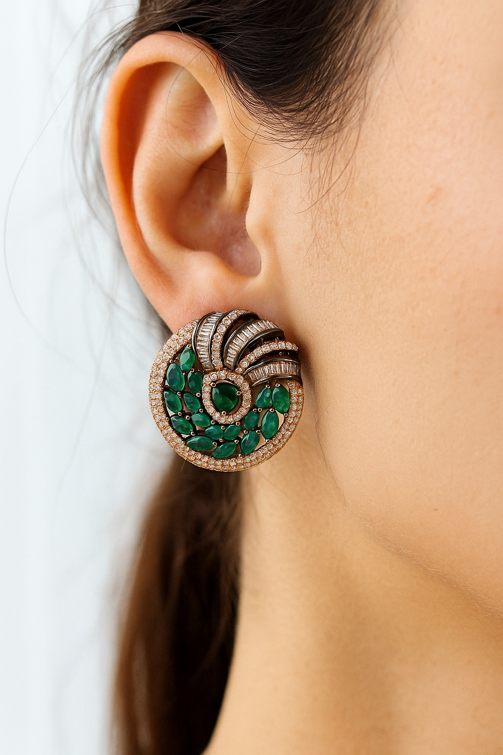 Green Stone & Diamond Designer Stud Earrings