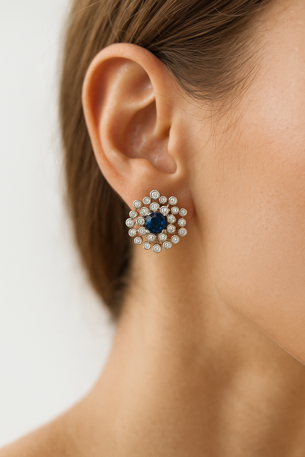 Sapphire Blue Stone & Diamond Halo Earrings