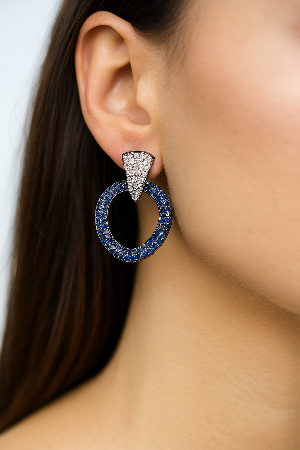 Blue Stone Circle Earrings with Diamond Accent