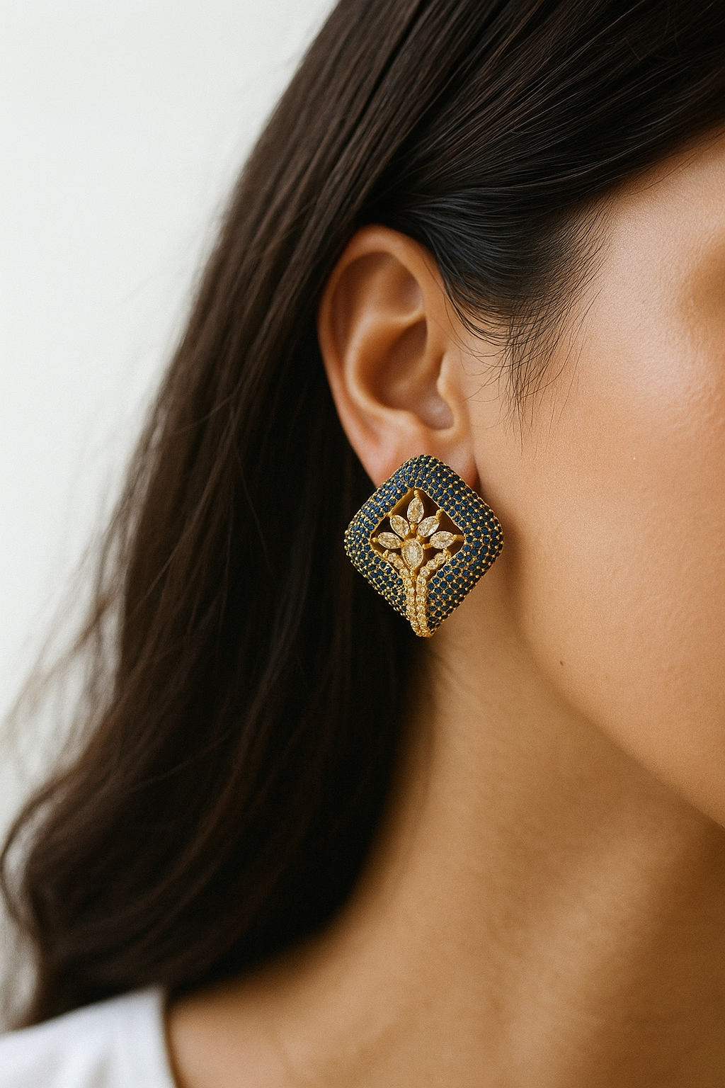 Royal Blue Stone & Diamond Floral Stud Earrings