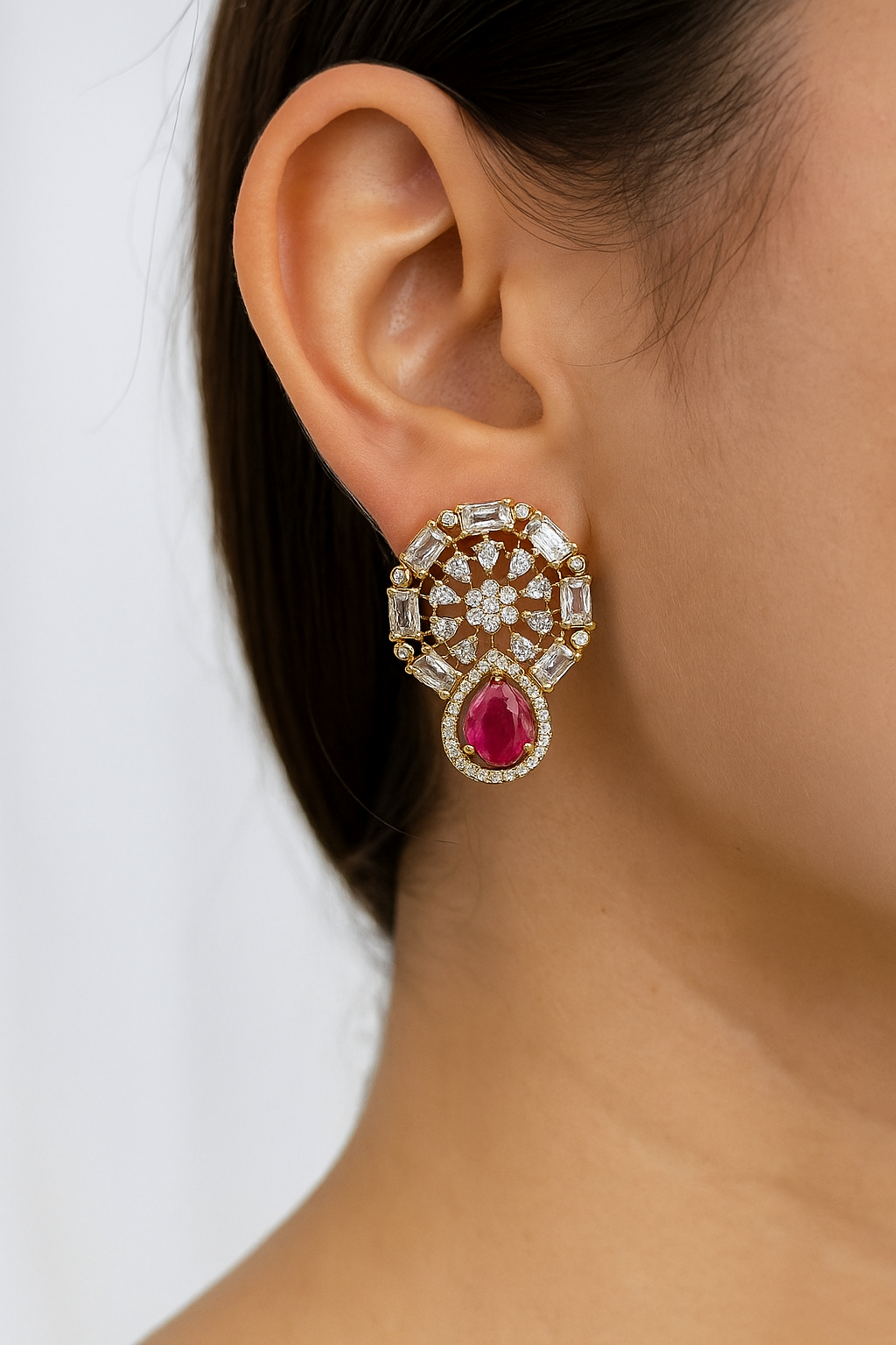 Ruby Red & Diamond Teardrop Stud Earrings