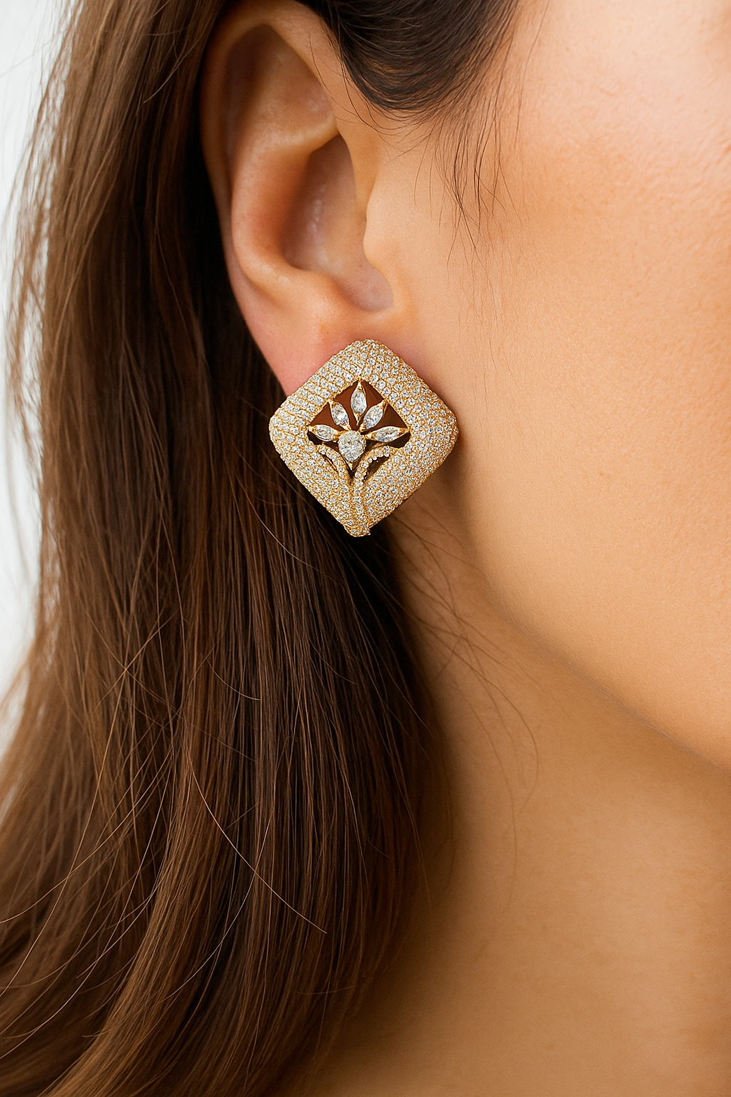 Gold Finish Diamond Leaf Motif Stud Earrings