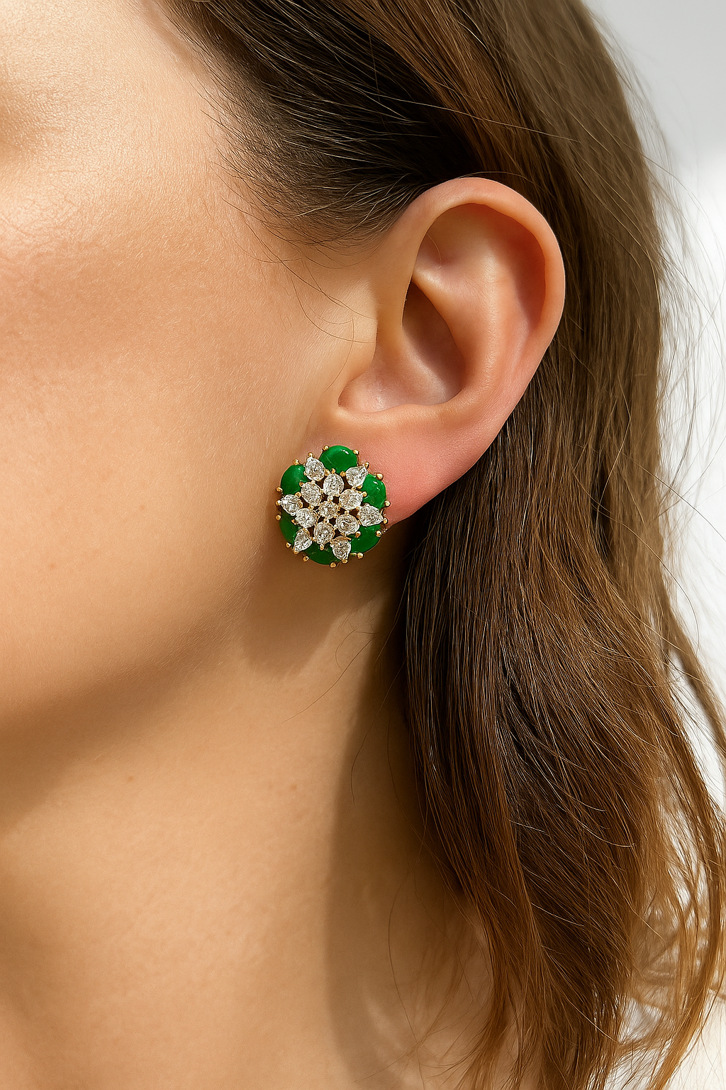 Emerald Floral Diamond Stud Earrings