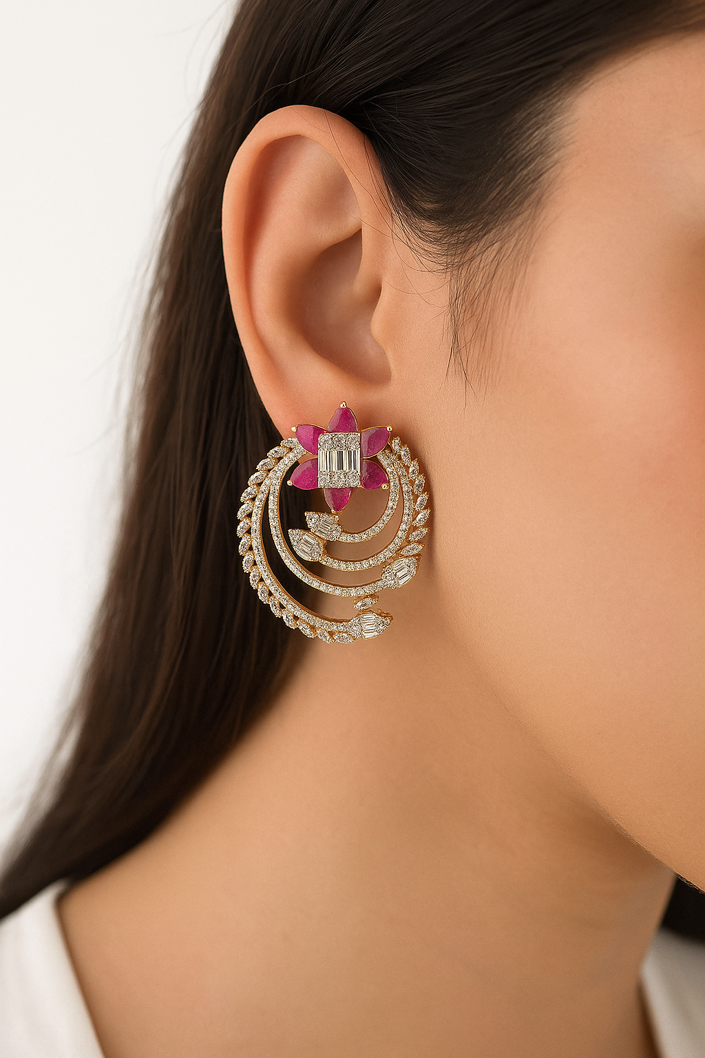 Ruby Floral Spiral Diamond Look Earrings