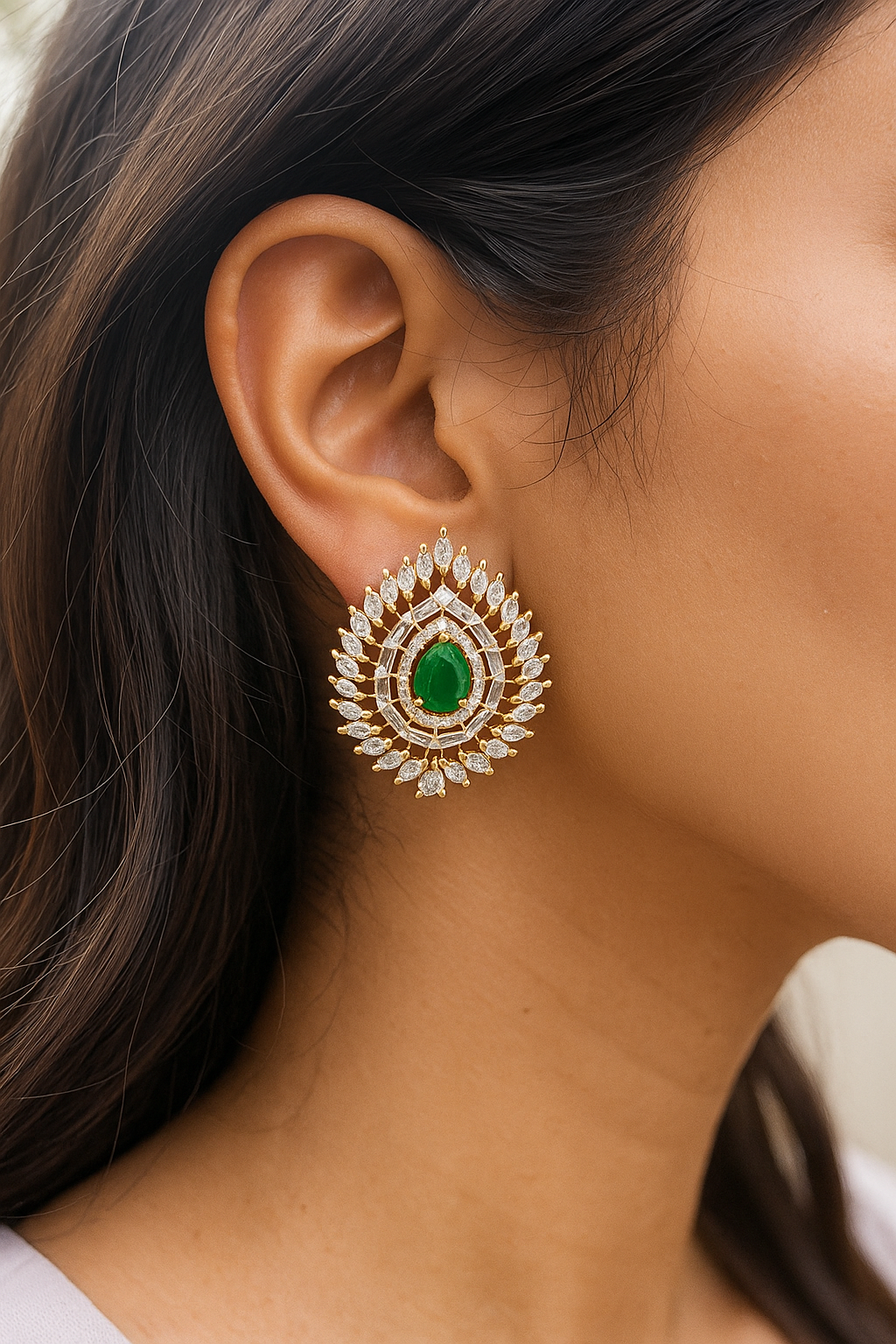 Royal Emerald Tear Drop Diamond Look Earrings