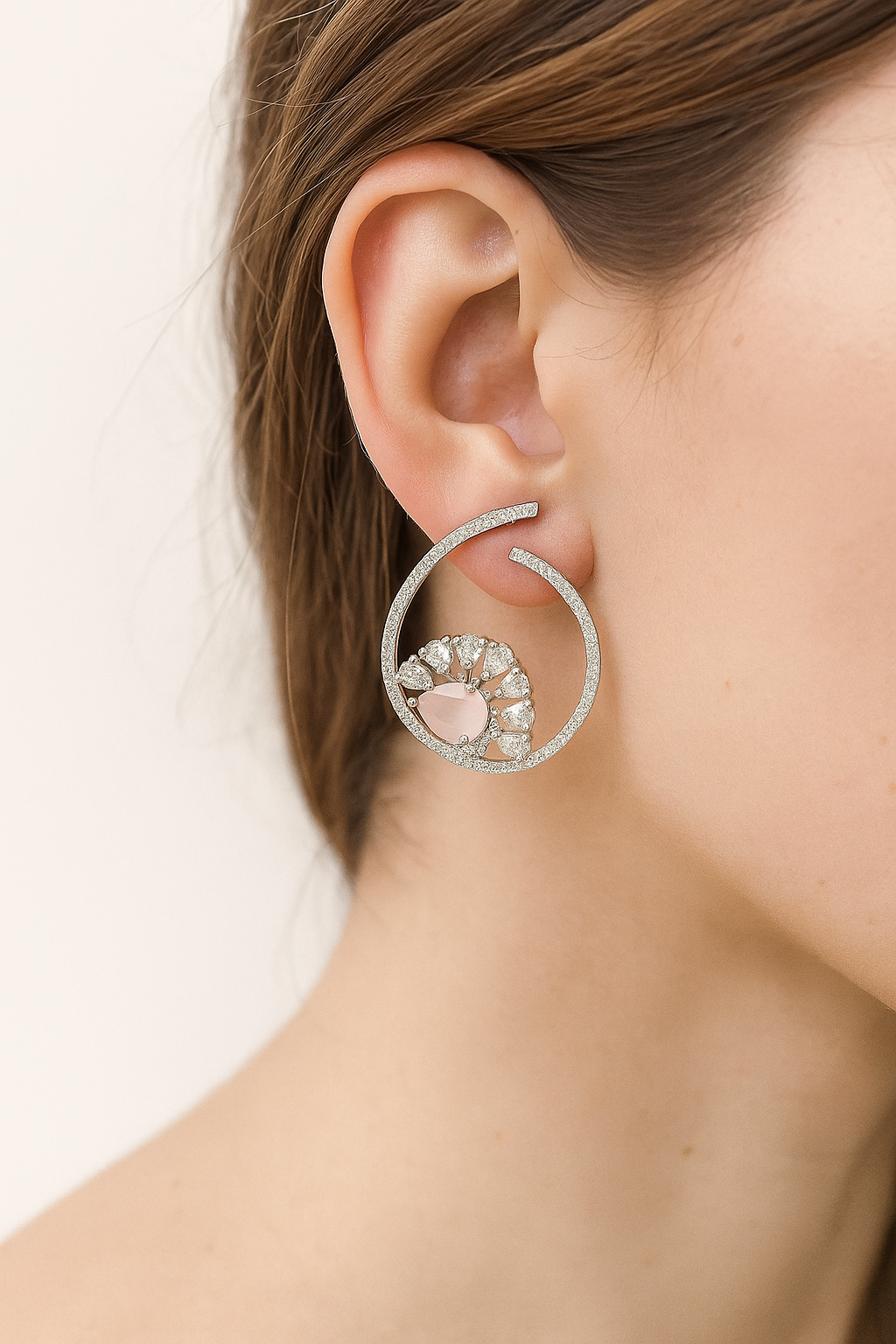 Elegant Rose Quartz Halo Diamond Look Earrings