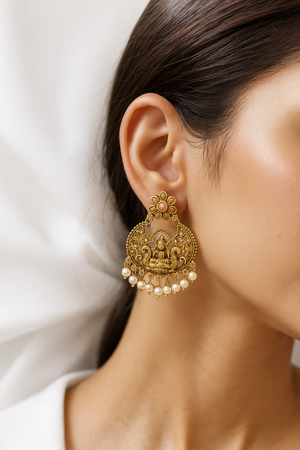 Antique Lakshmi Temple Earrings with Pearl Drops