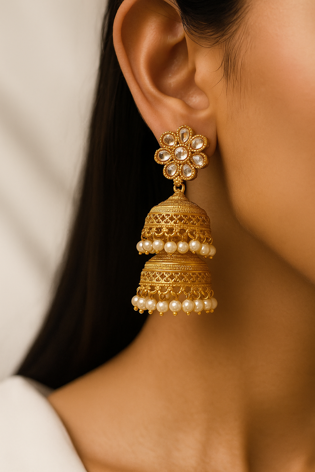 Traditional Gold Plated Jhumka Earrings with Pearl Drops