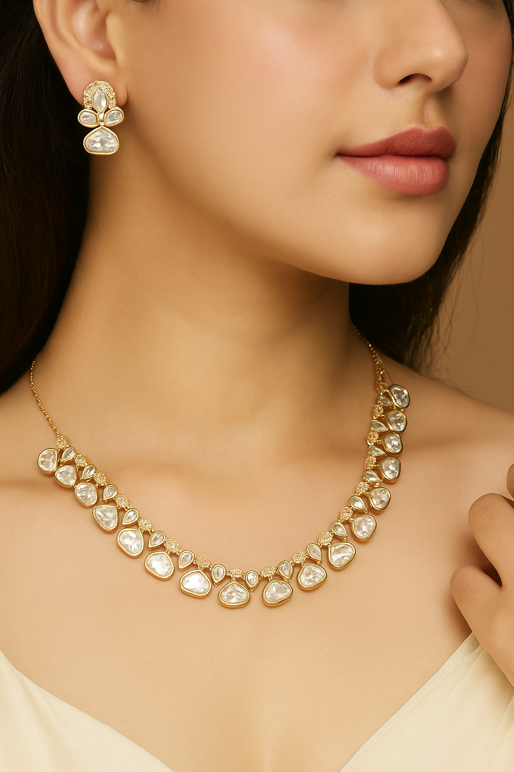 Elegant Kundan Polki Necklace Set with Earrings