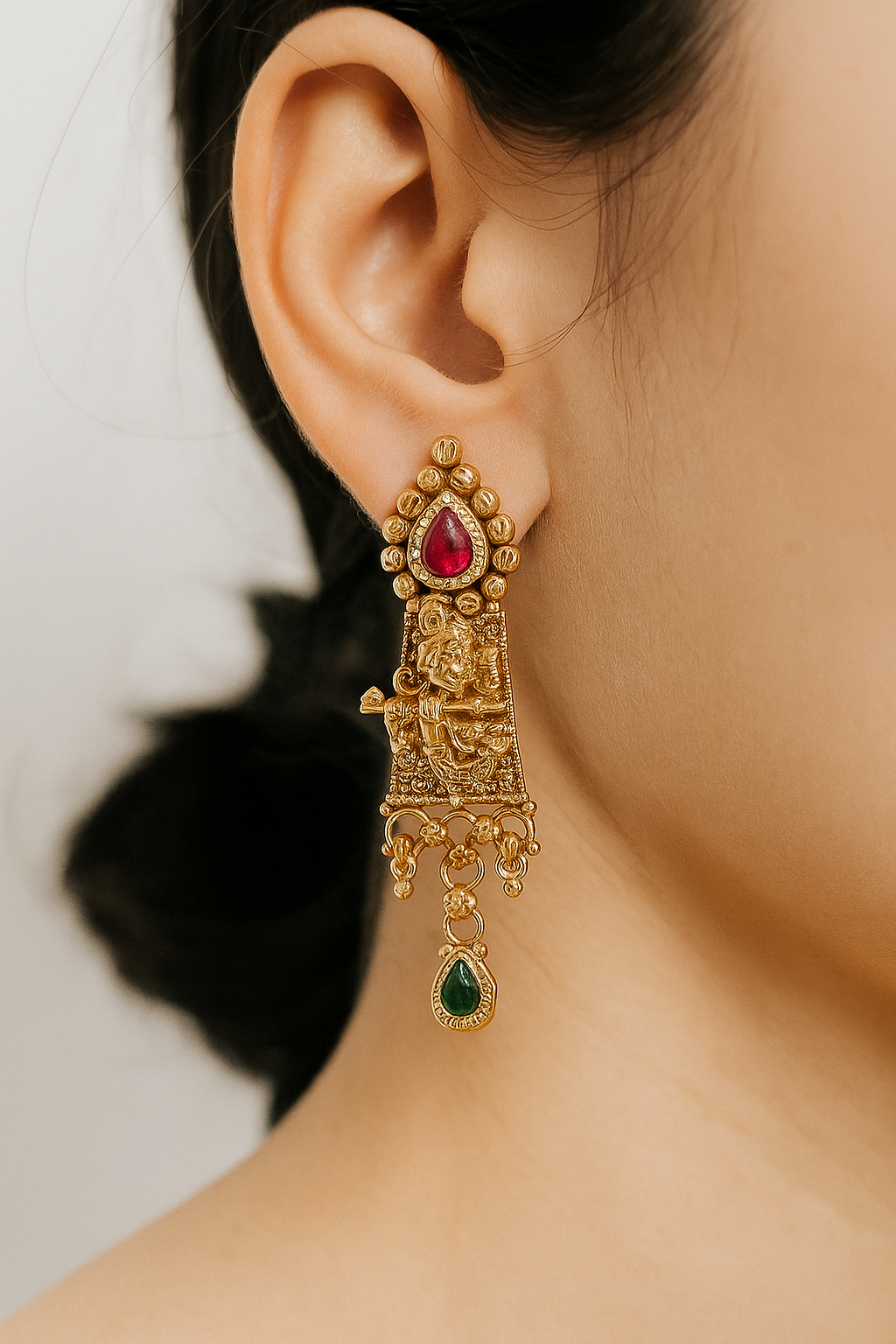 Antique Temple Design Earrings with Ruby & Emerald Stones