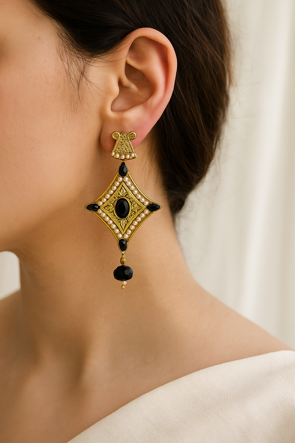 Antique Black Stone Pearl Dangle Earrings