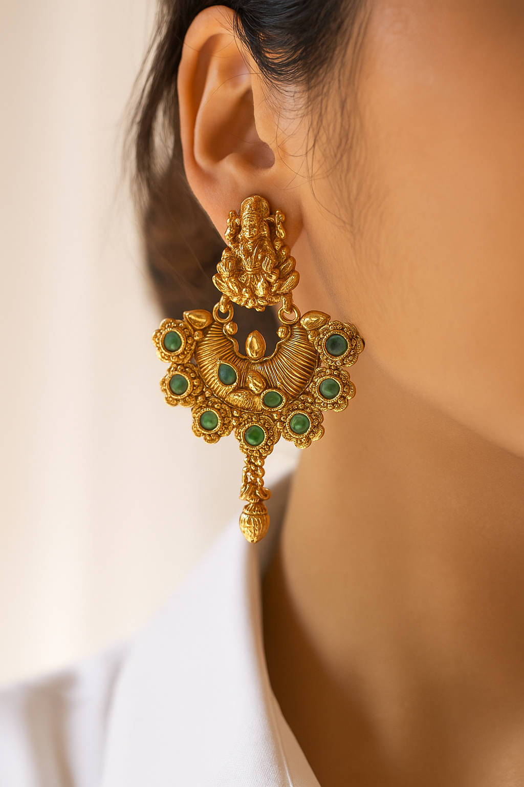 Temple Design Antique Gold Earrings with Green Stones