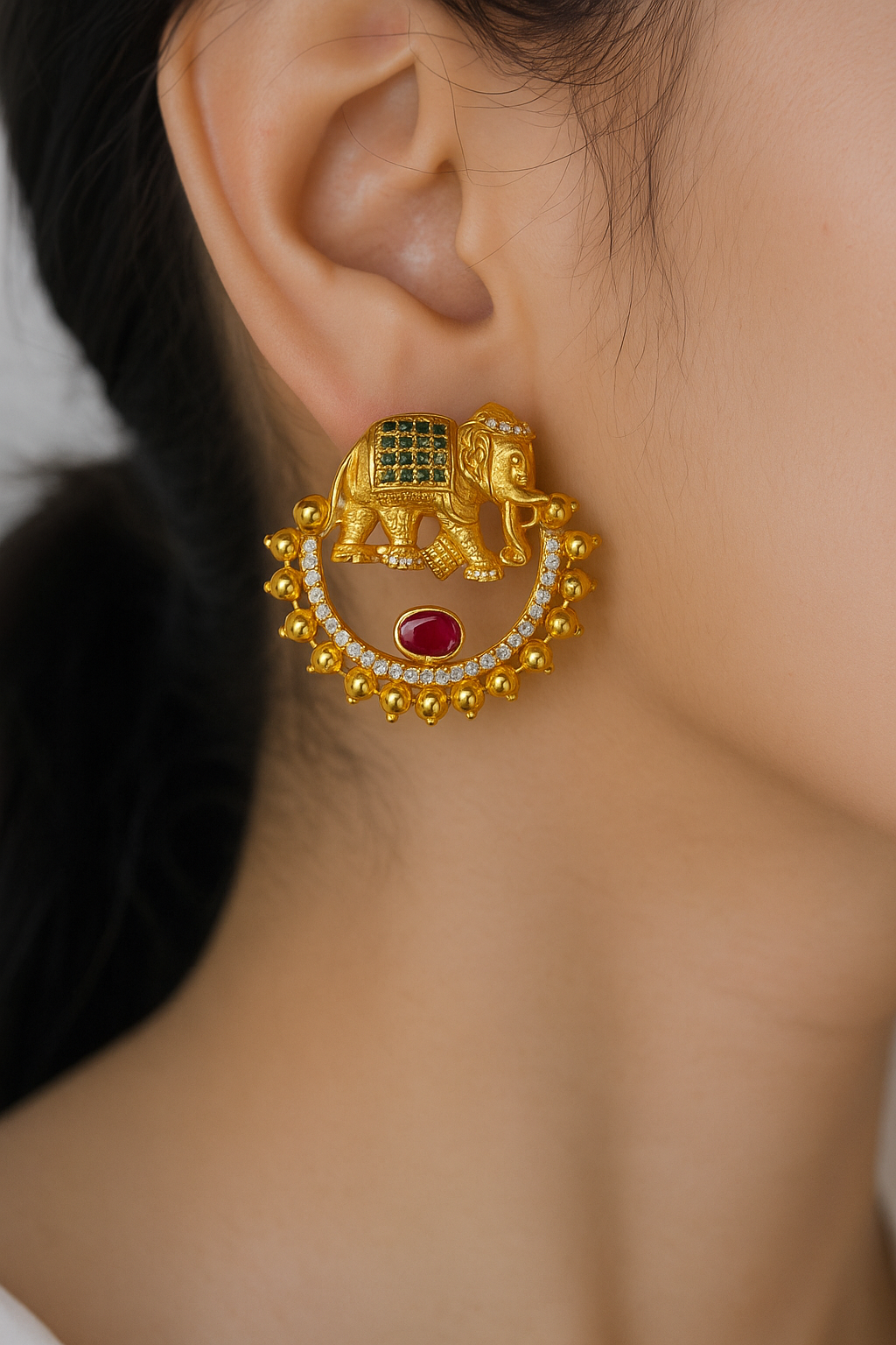 Royal Elephant Motif Earrings with Green & Ruby Accents