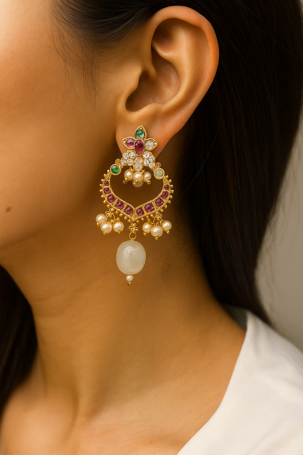 Ruby & Emerald Stone Chandbali Earrings with Pearl Drops