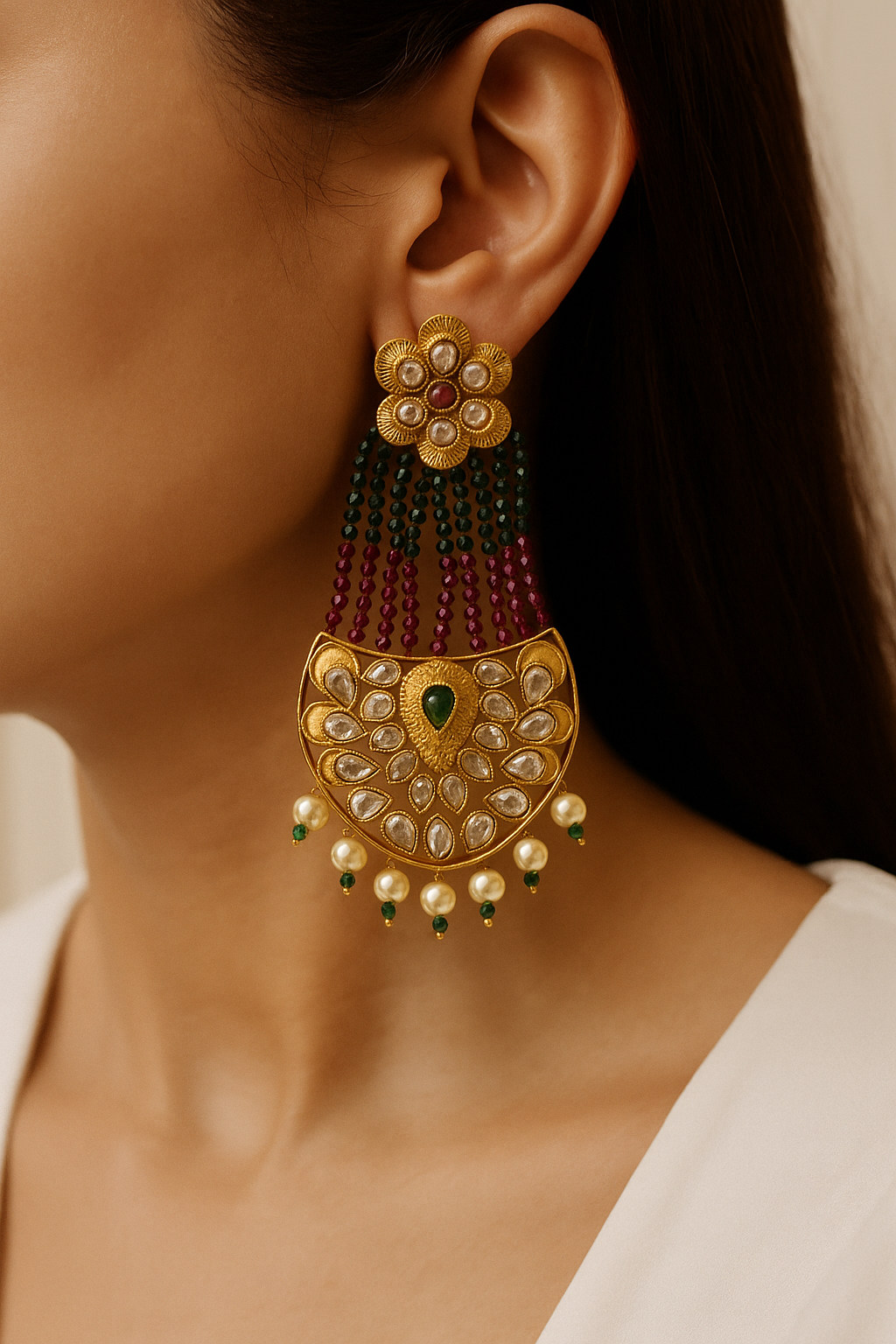 Kundan Statement Earrings with Green & Maroon Bead Strings