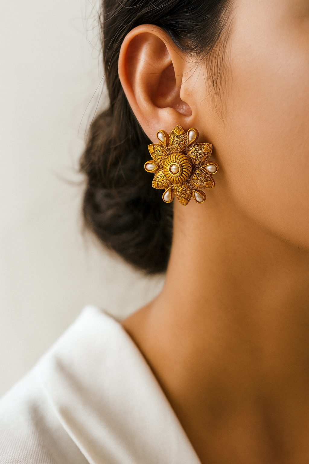 Antique Gold Floral Stud Earrings with Pearl Accents