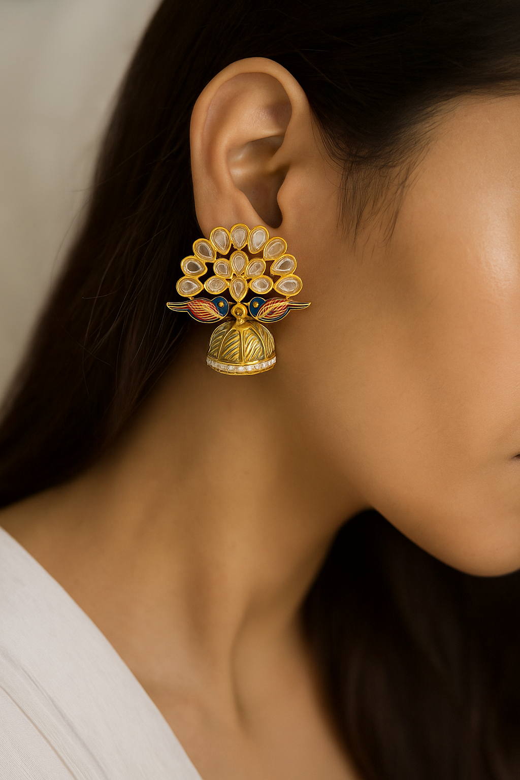 Peacock Design Kundan Earrings with Enamel Detailing