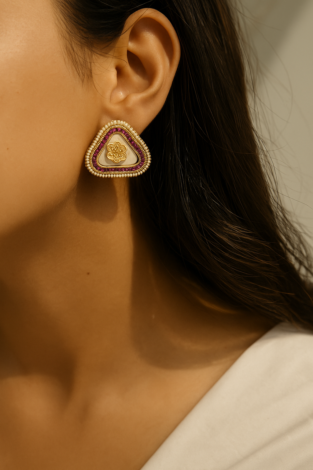 Triangle Stud Earrings with Pearl and Pink Stone Border