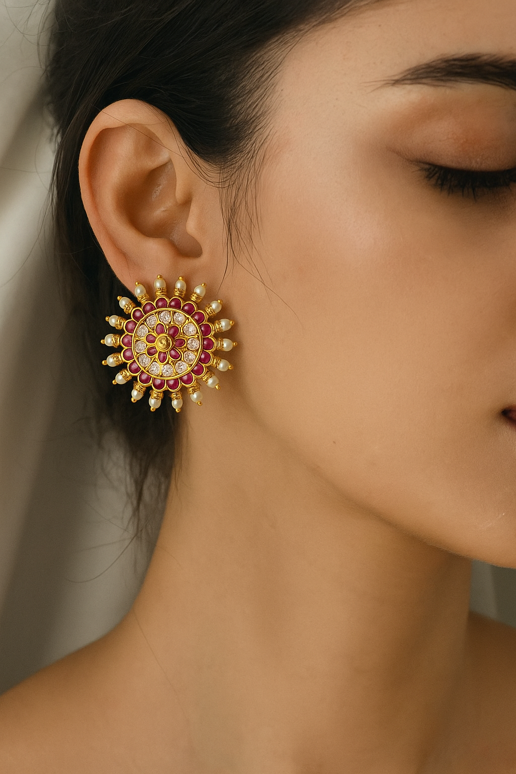 Ruby & Pearl Sunburst Stud Earrings