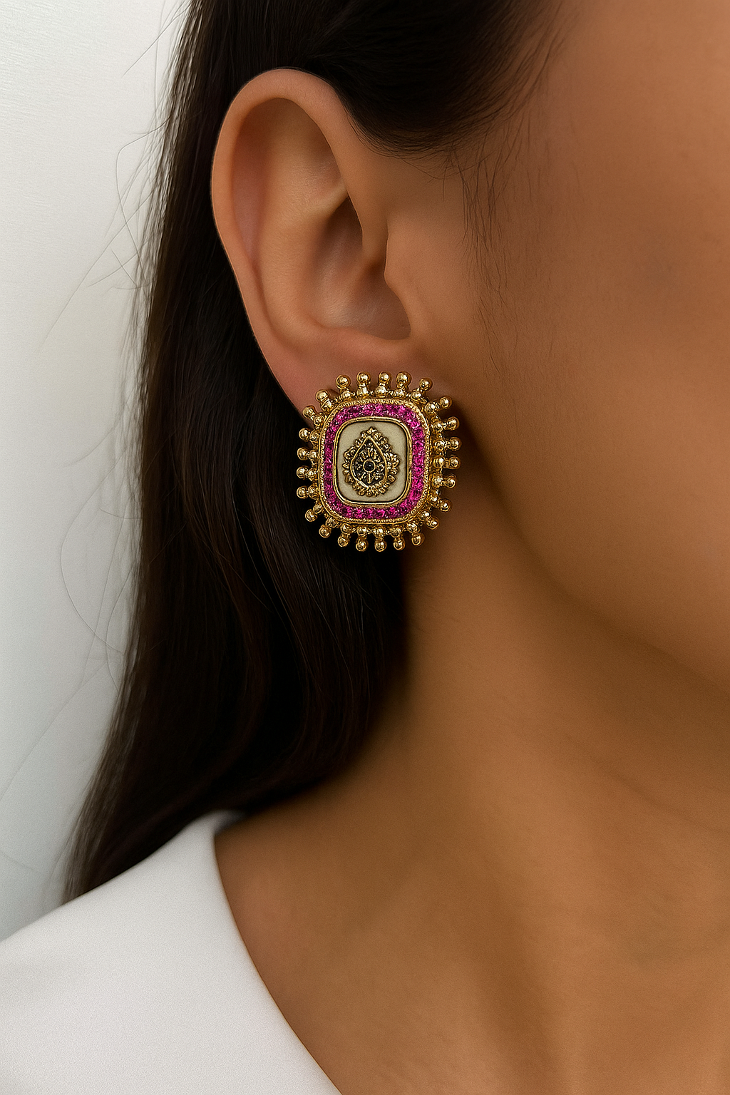 Ruby Stone Antique Gold Stud Earrings