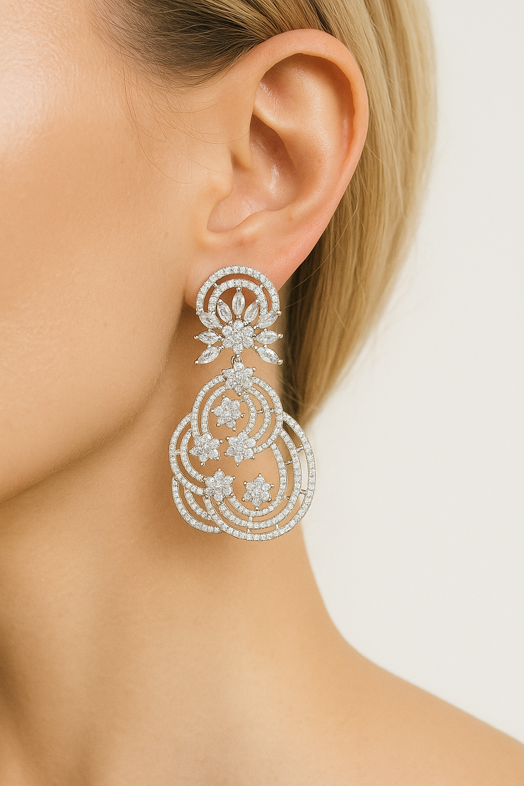 Diamond Cut Crystal Triple Hoop Floral Earrings