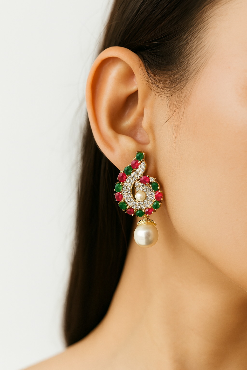 Ruby Emerald Pearl Drop Earrings