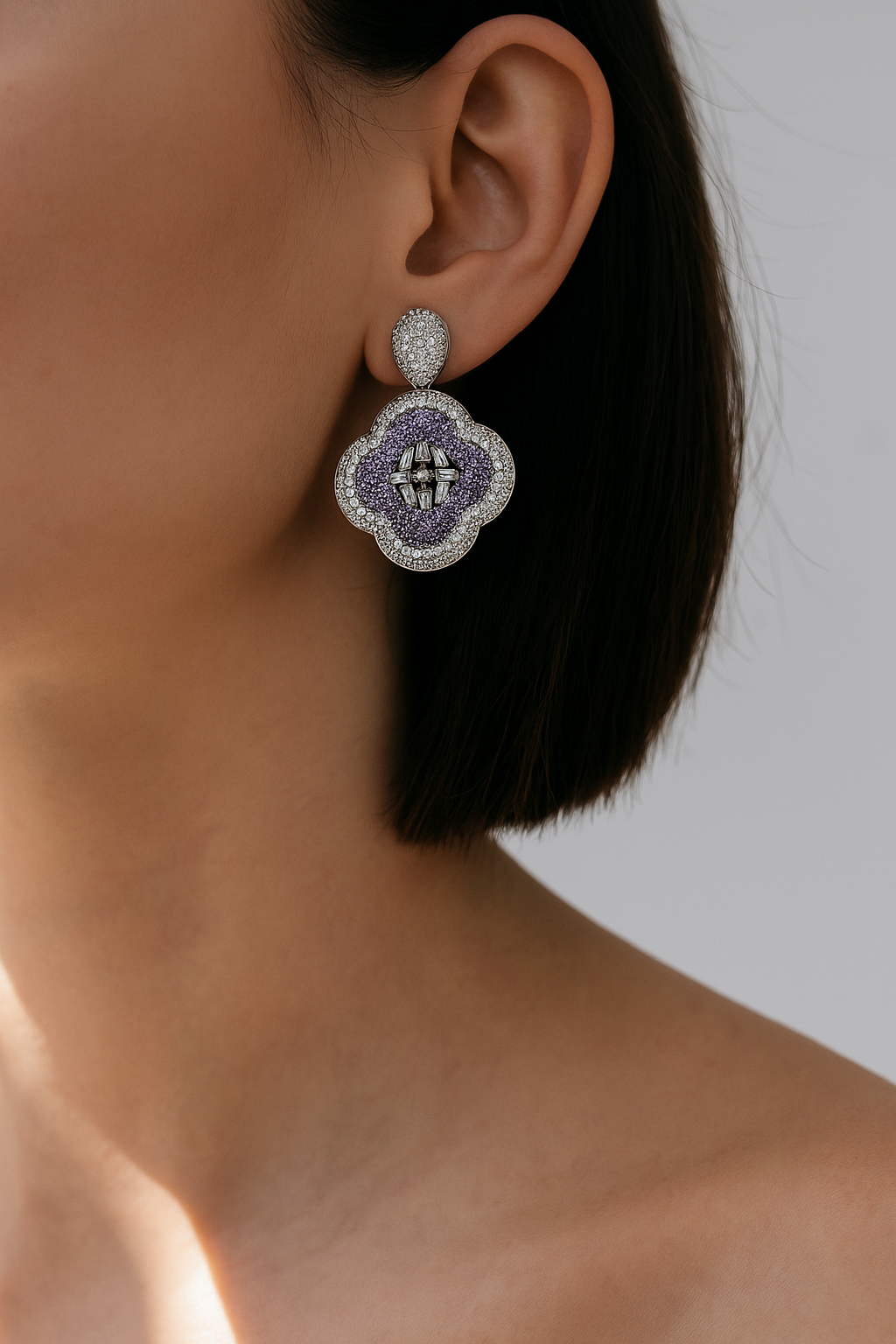 Purple Stone Floral Statement Earrings