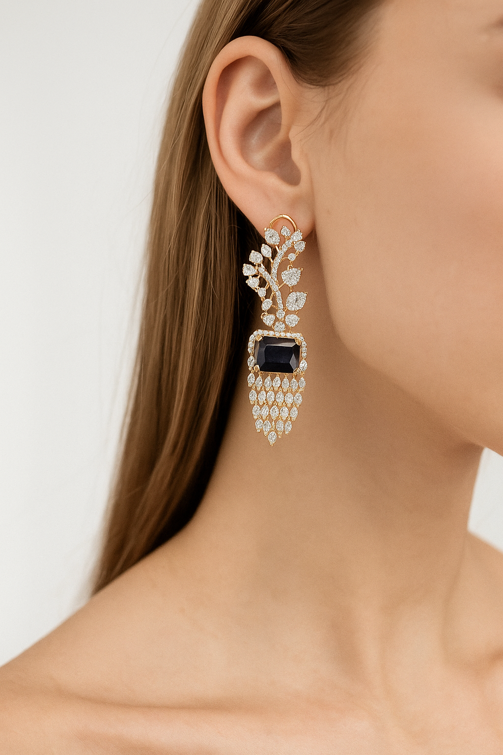 Black Stone Leaf Cascade Earrings