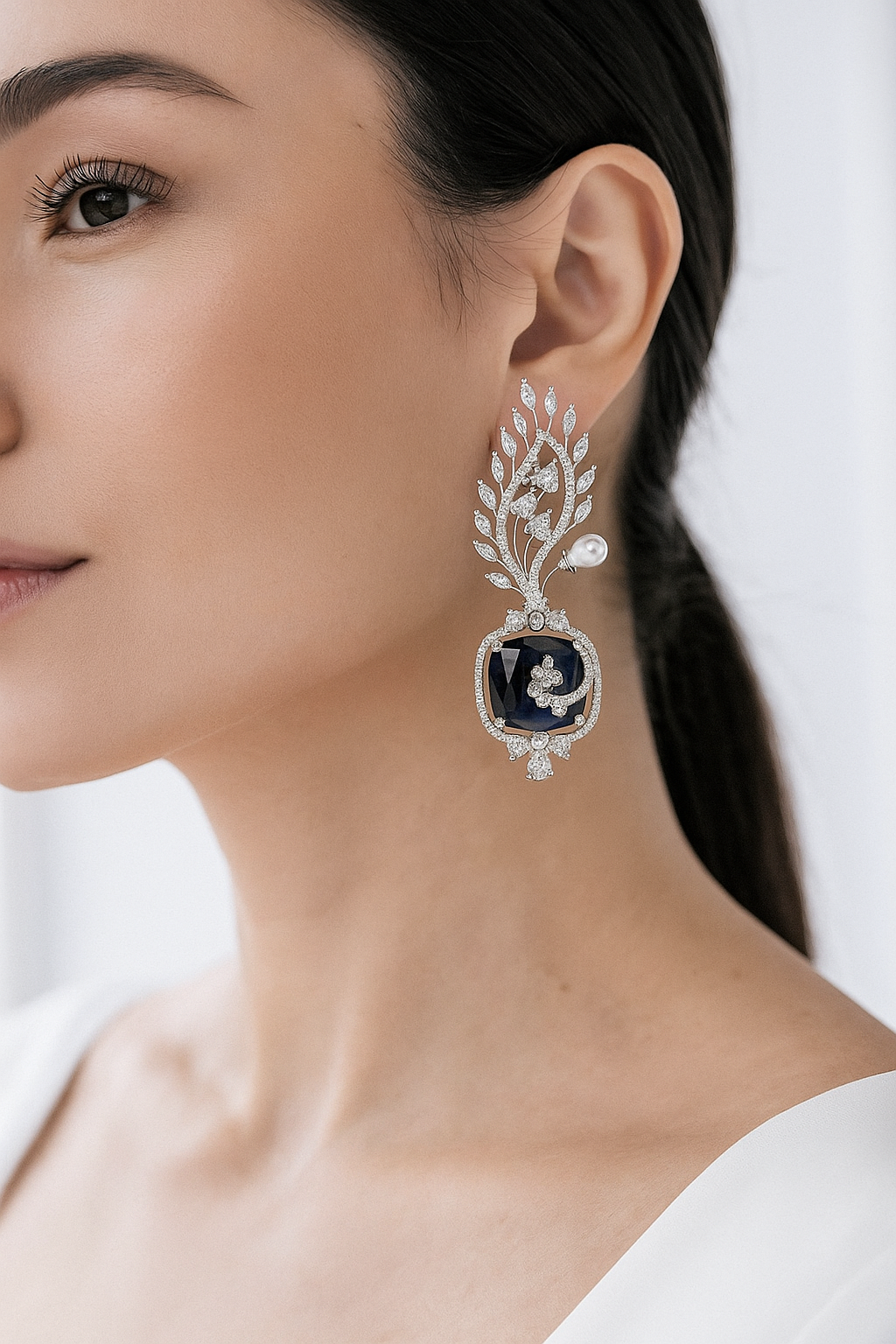 Midnight Blue Stone Leaf Drop Earrings