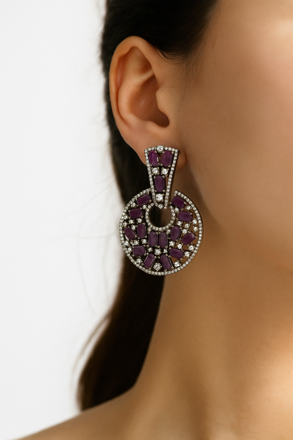 Glamorous Purple Stone Circle Statement Earrings