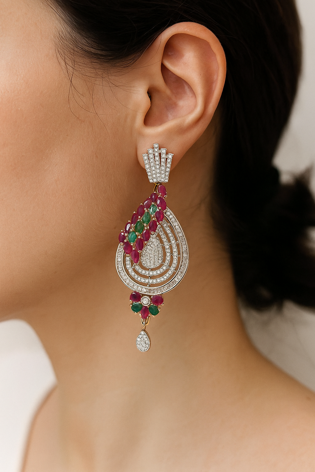 Ruby & Emerald CZ Designer Drop Earrings