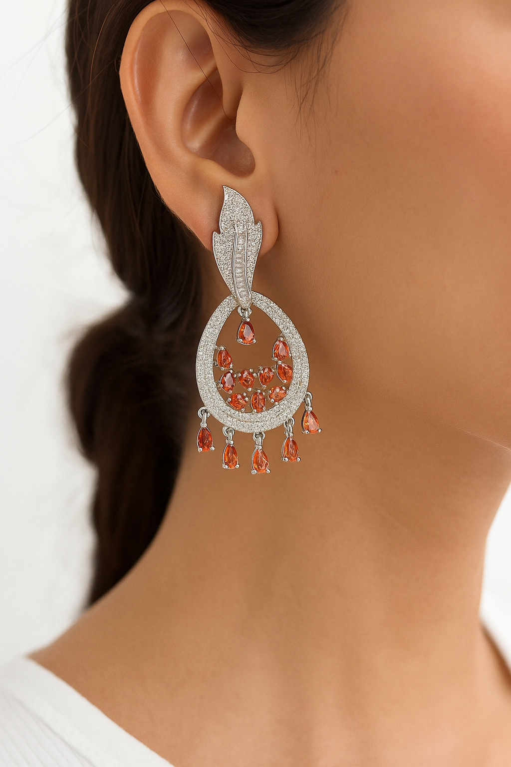 Sparkling Orange CZ Teardrop Long Earrings