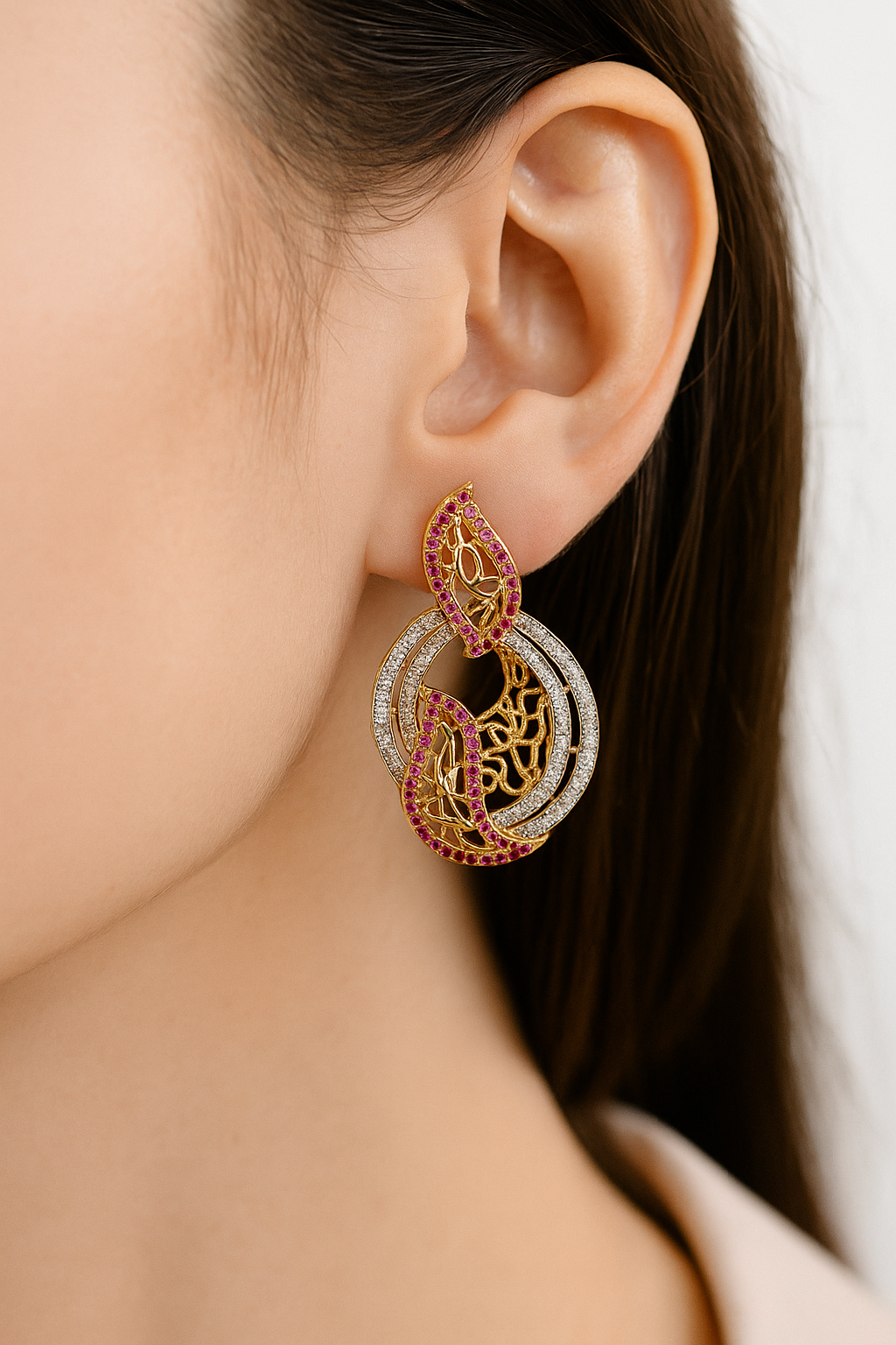Elegant Ruby & CZ Designer Statement Earrings
