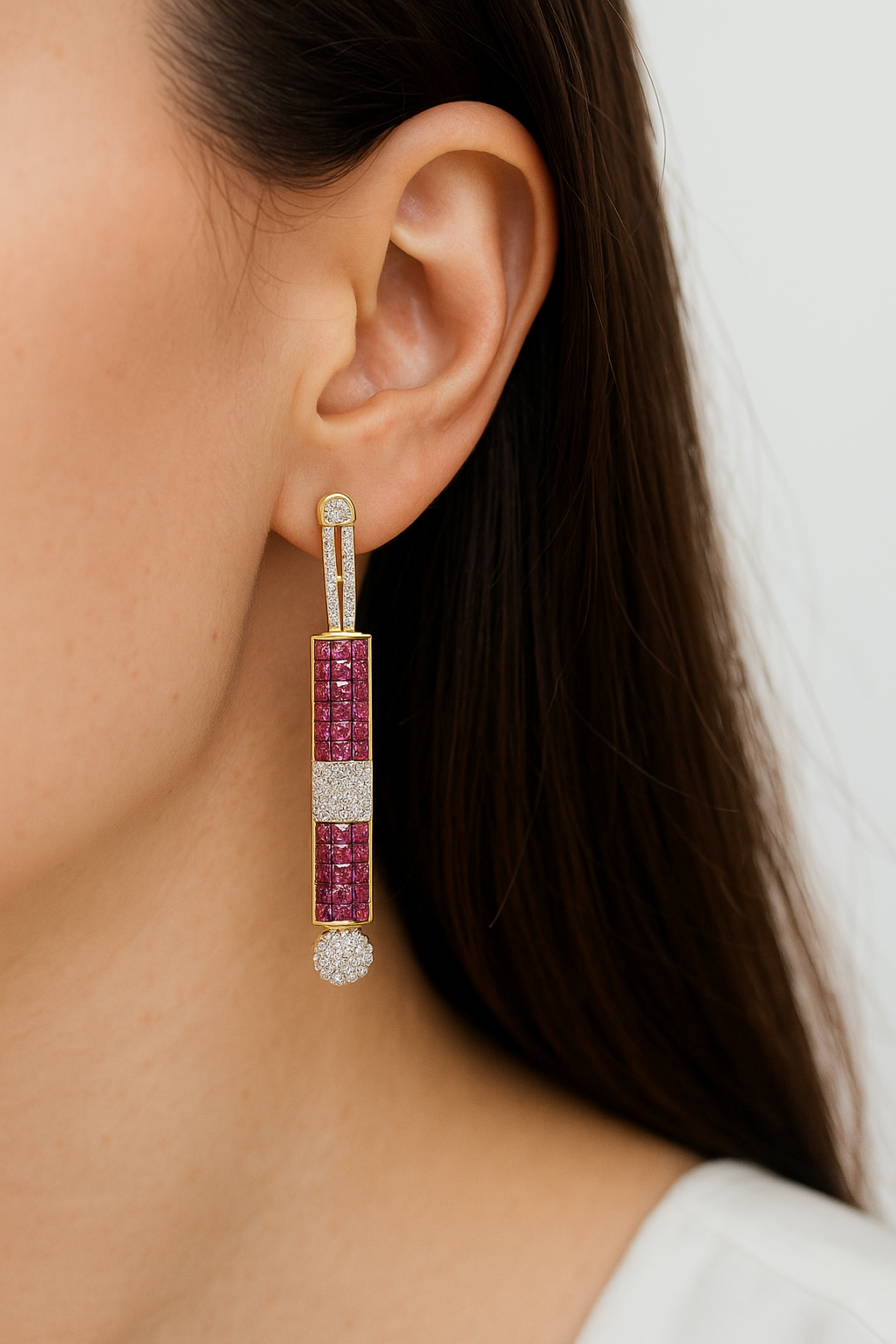 Ruby Pink & CZ Geometric Drop Earrings