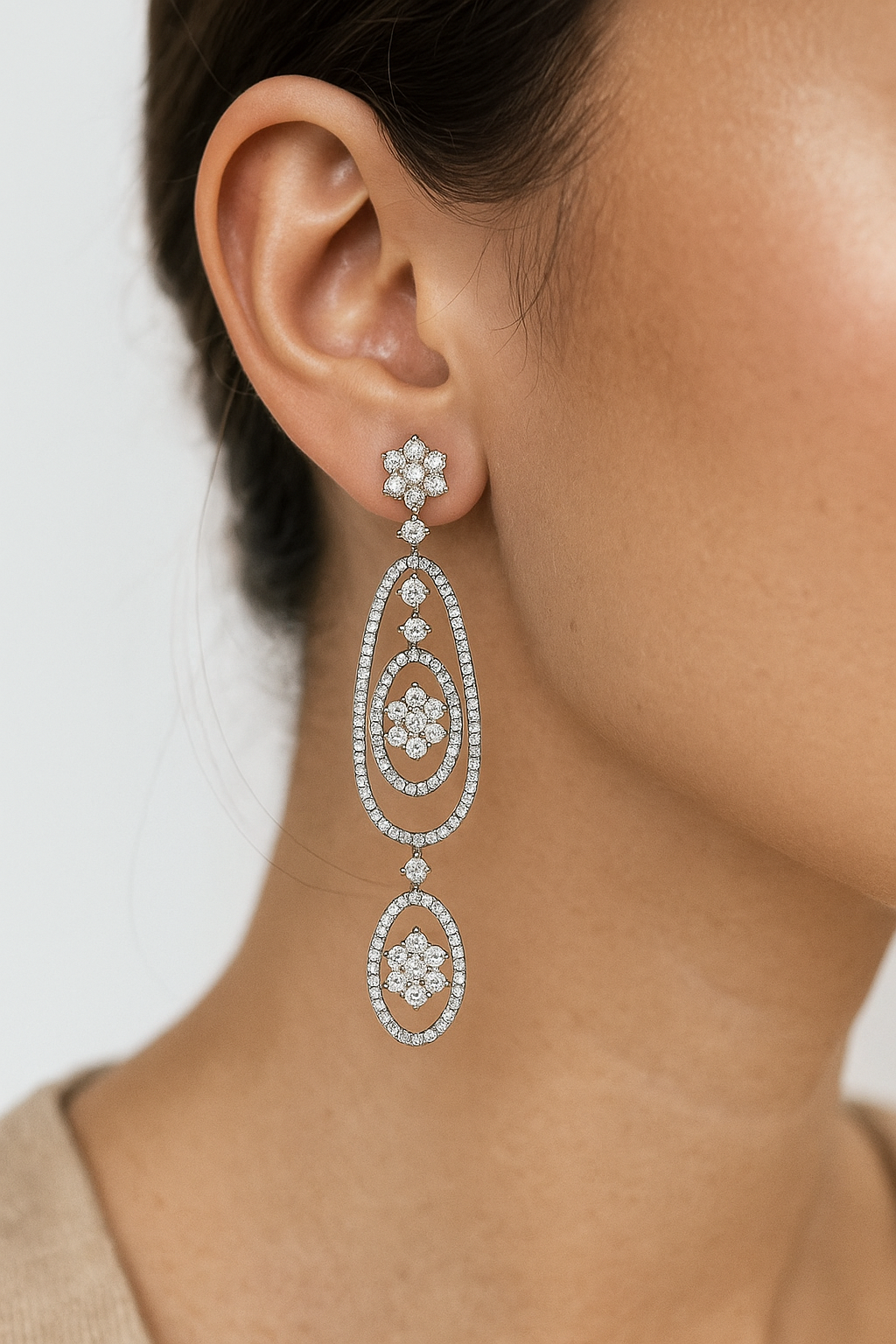 Elegant CZ Floral Triple Drop Earrings