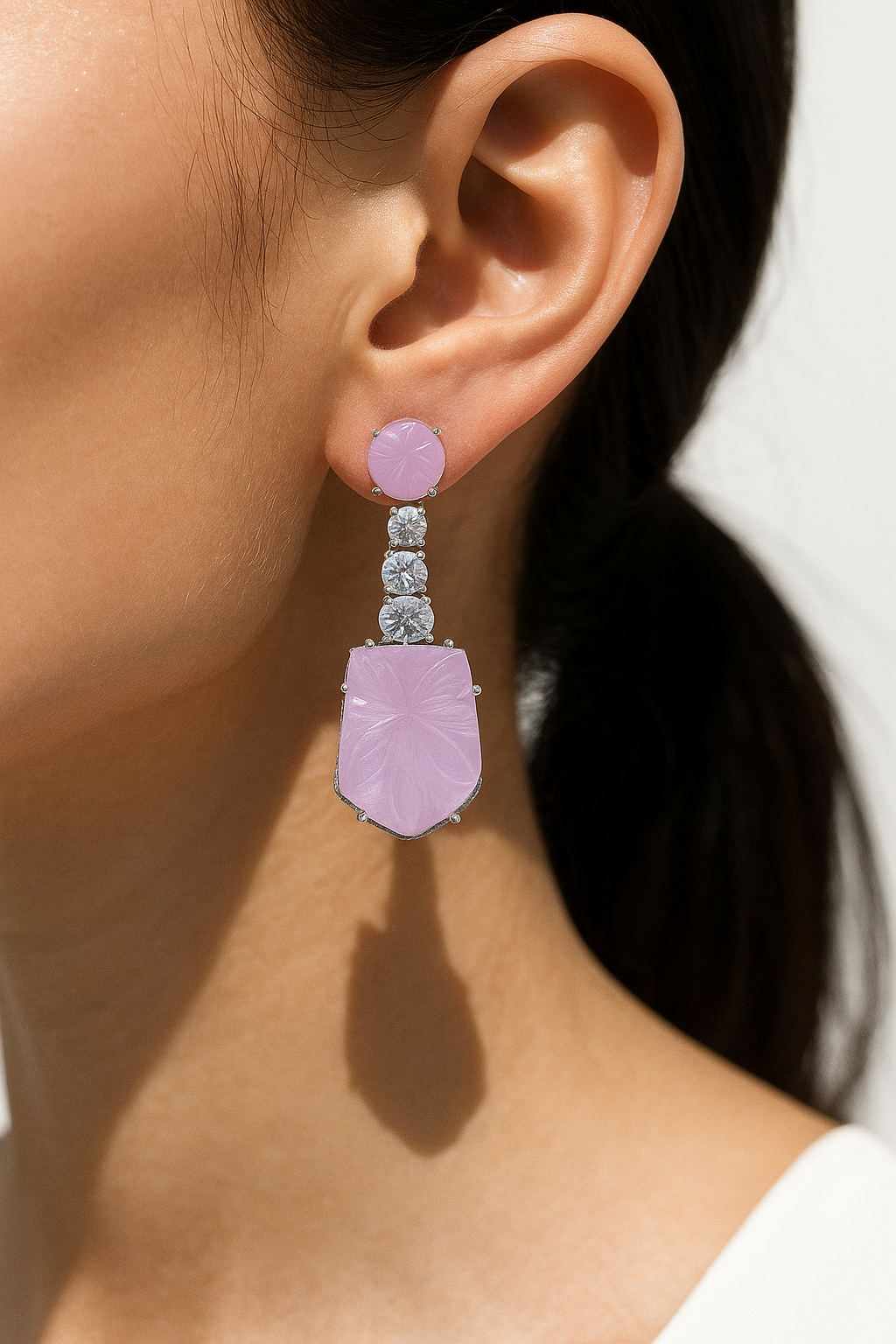 Pastel Carved Stone Drop Earrings with CZ Accents
