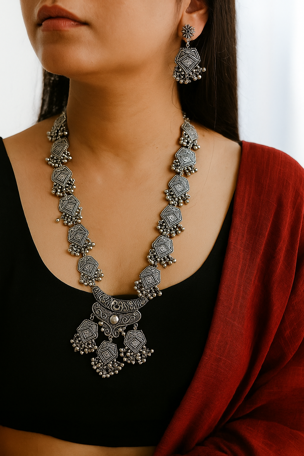 Oxidized Silver Temple Necklace Set with Earrings
