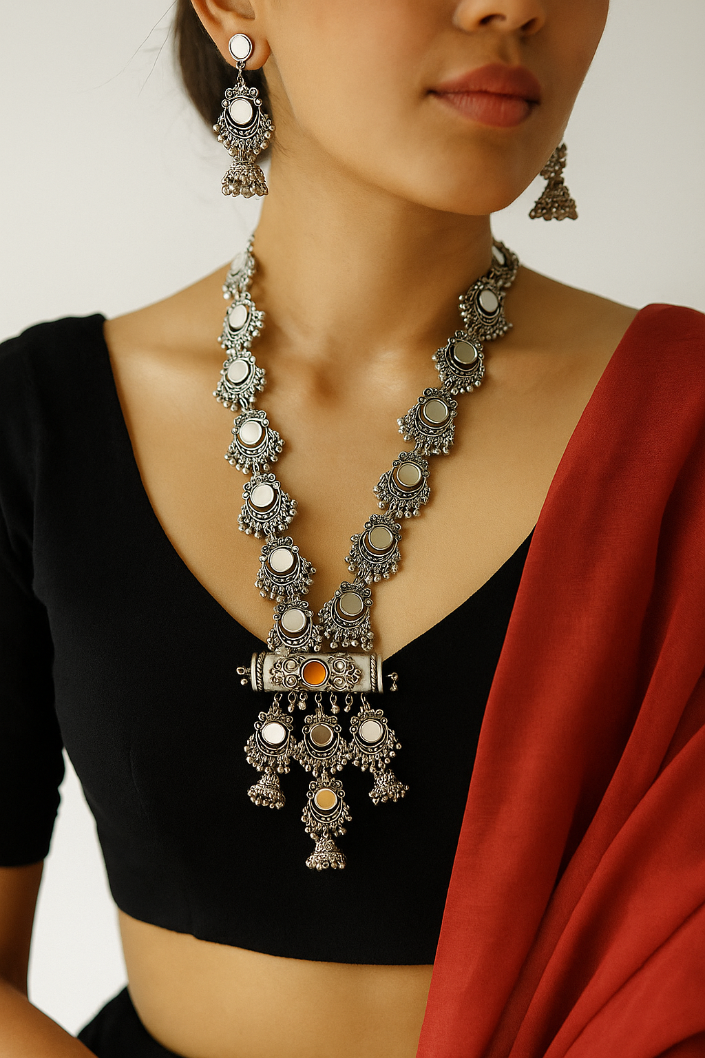 Oxidized Mirror Necklace Set with Earrings