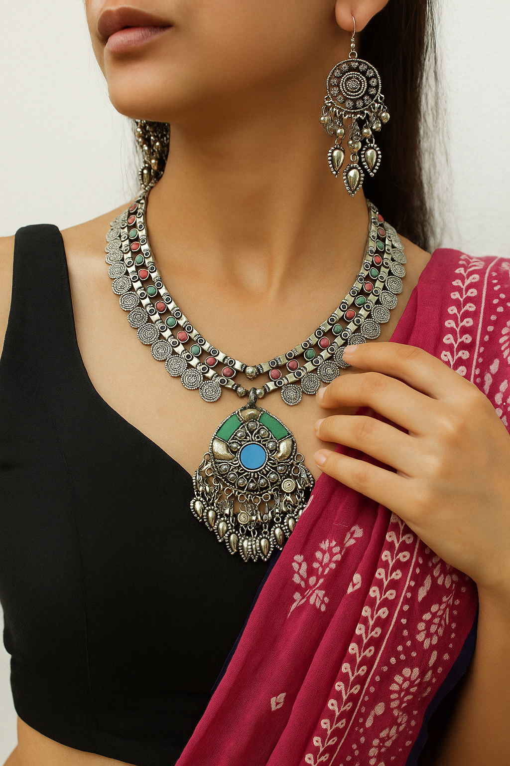Oxidized Necklace Set with Green & Blue Stone Pendant and Earrings
