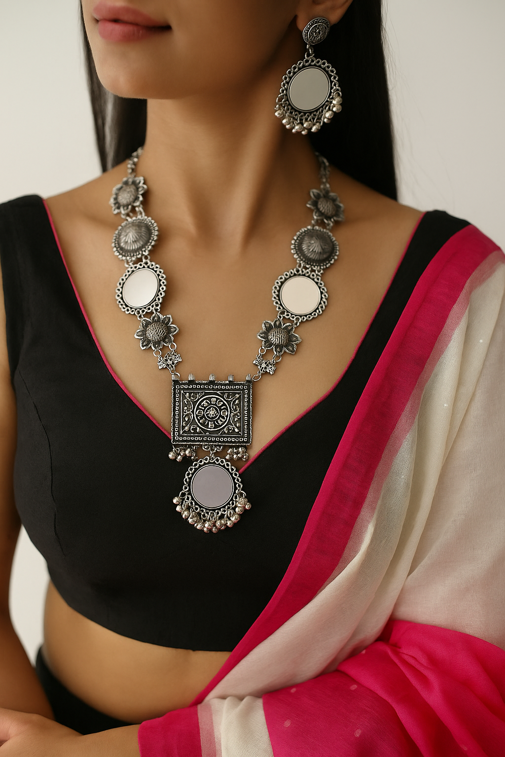 Oxidized Mirror Work Necklace Set with Earrings