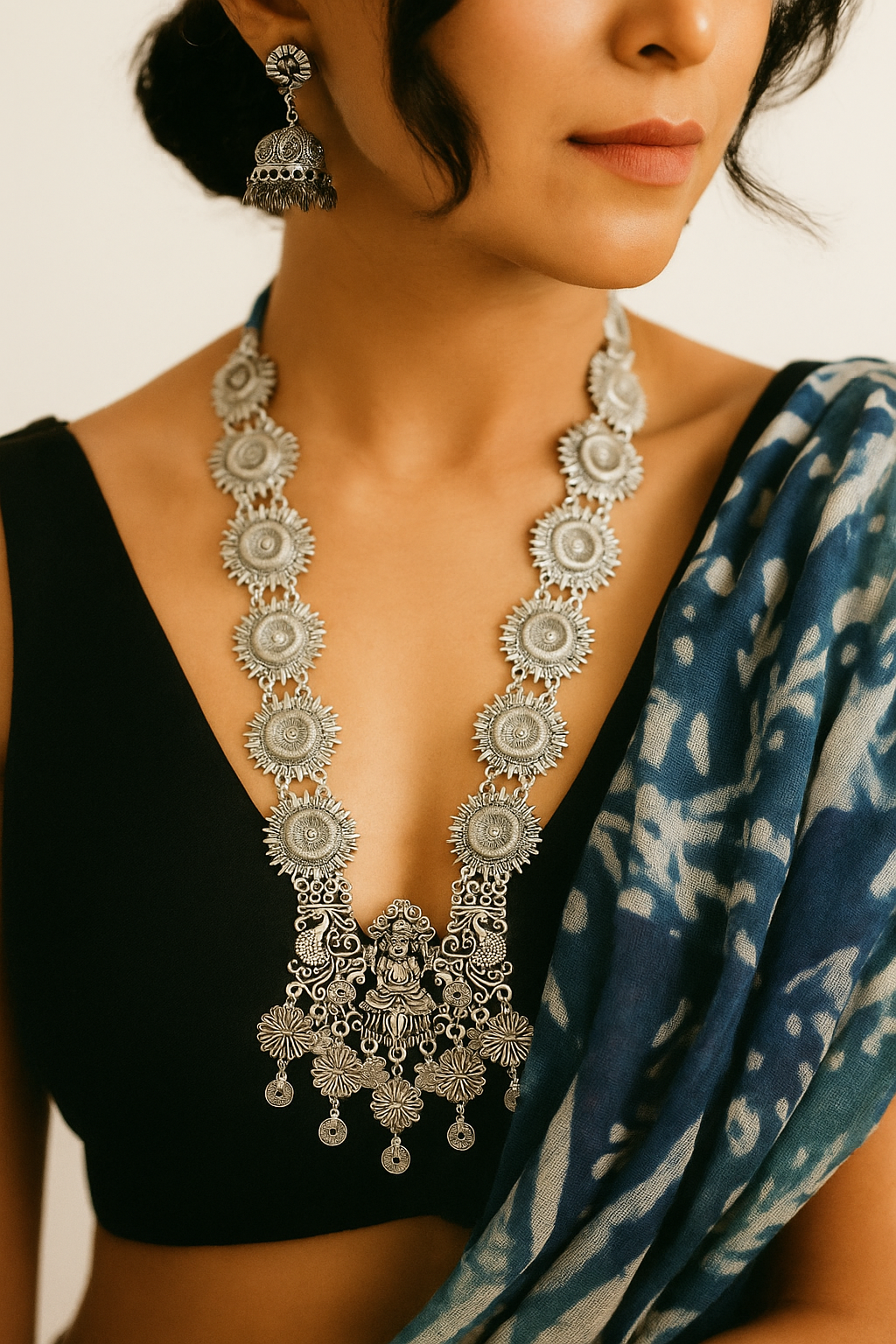 Antique Oxidized Goddess Lakshmi Necklace Set with Jhumka Earrings