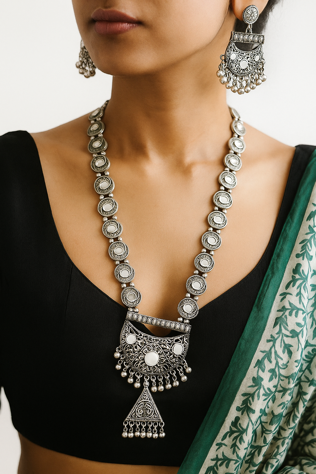 Antique Oxidized Mirror Work Necklace Set with Earrings
