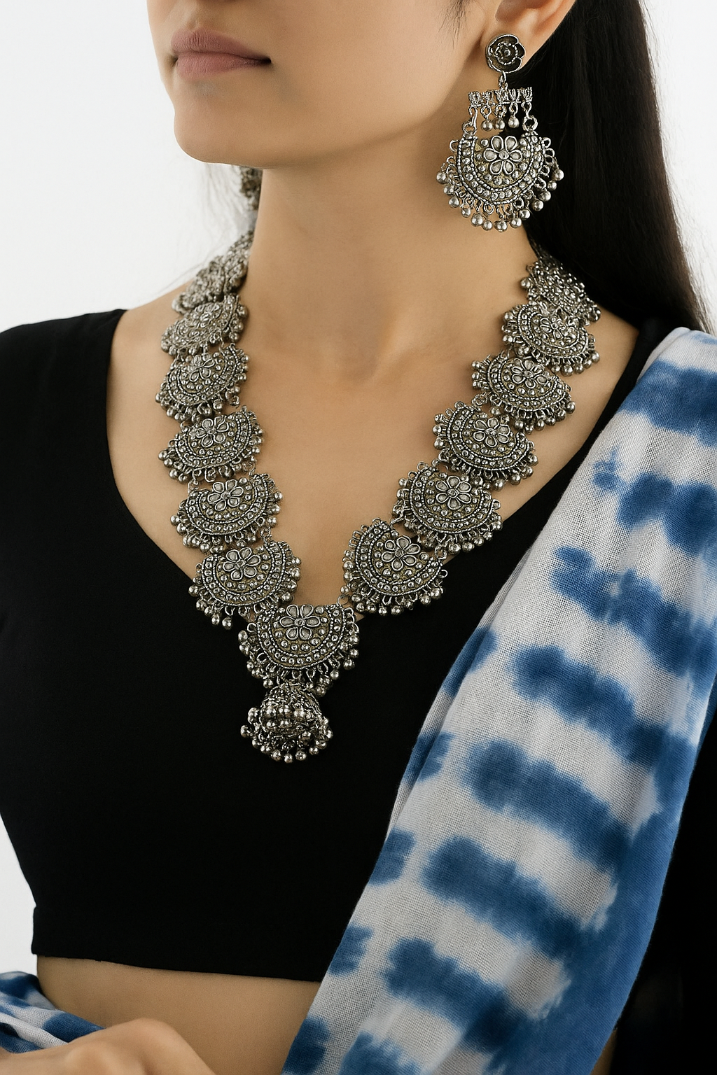 Antique Oxidized Floral Half-Moon Necklace Set with Earrings