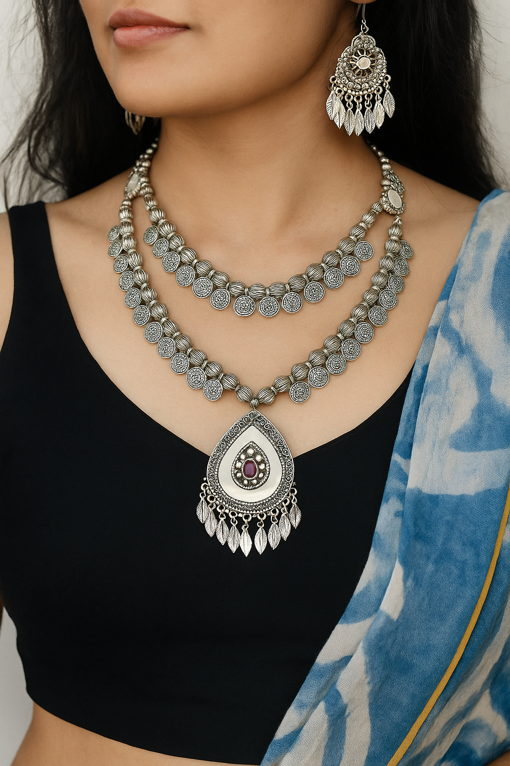 Antique Oxidized Peacock Pendant Necklace Set with Leaf Earrings