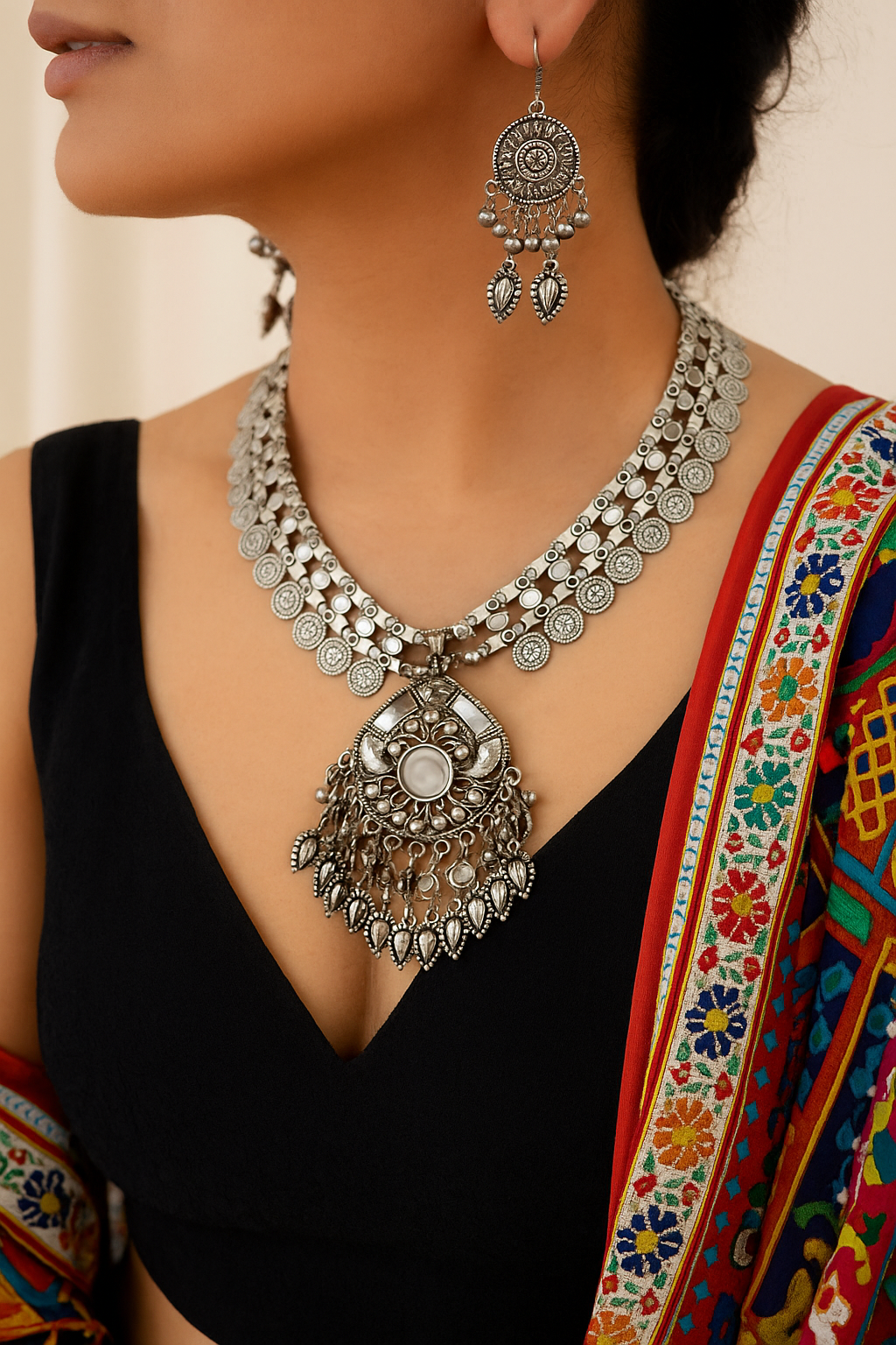 Antique Oxidized Mirror Work Necklace Set with Coin Pendant & Earrings