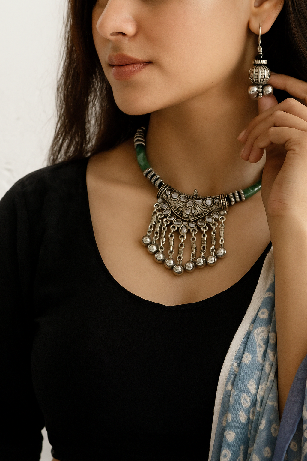 Oxidized Silver Tribal Necklace Set with Green Beads & Earrings